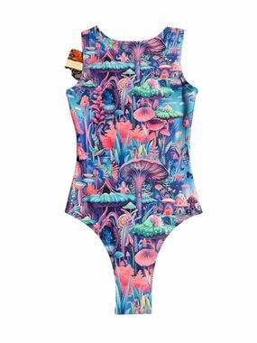 Girls Blue & Pink Fantasy Mushroom One-Piece Swimsuit